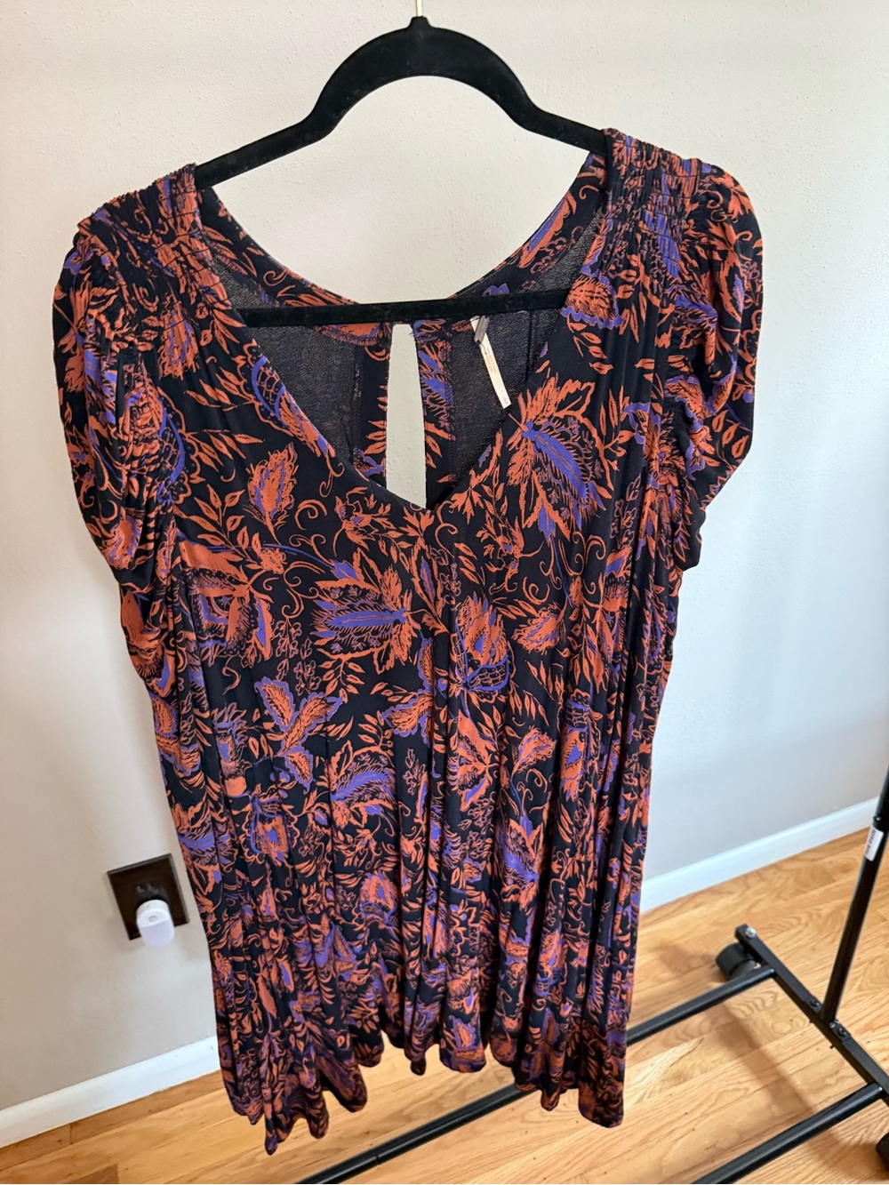 Free People Black Midi Dress with Orange & Purple Floral Print